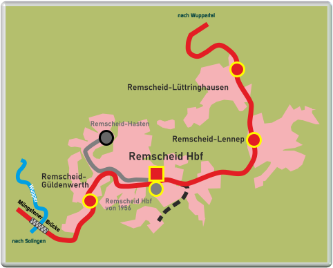 Remscheid Hbf Remscheid-Lennep Remscheid- Güldenwerth Remscheid-Hasten Müngstener   Brücke Remscheid-Lüttringhausen Wupper nach Solingen nach Wuppertal Remscheid Hbf von 1956