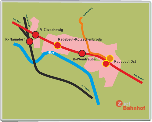 Radebeul Ost Radebeul-Kötzschenbroda R-Weintraube R-Naundorf R-Zitzschewig Elbe nach Dresden nach Dresden nach Radeburg nach Riesa nach Elstawerda